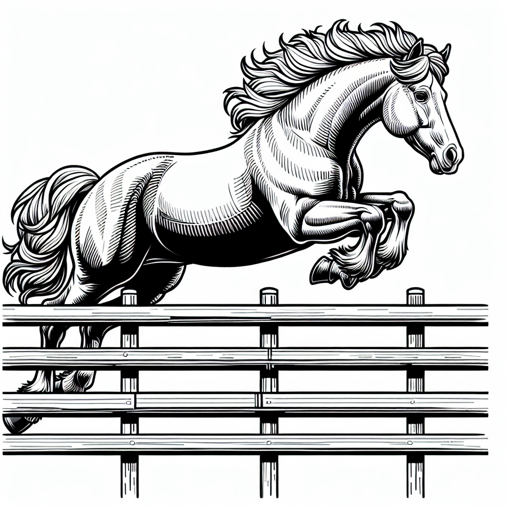 Coloring page of a horse, farm horse jumping over a fence