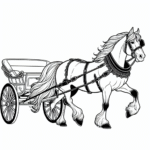Page à colorier d’un cheval, mustang libre tirant une calèche