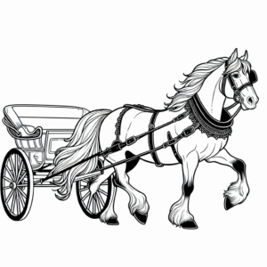 Coloring page of a horse, free-spirited mustang pulling a carriage