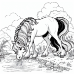 Coloring page of a horse, gentle mare drinking from a stream