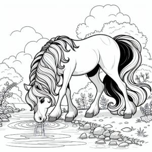 Coloring page of a horse, gentle mare drinking from a stream