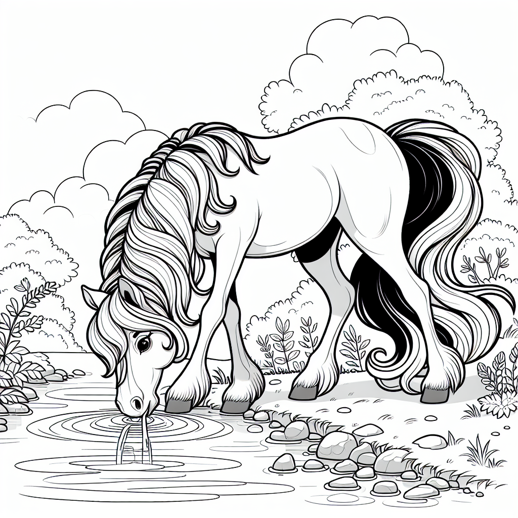 Coloring page of a horse, gentle mare drinking from a stream
