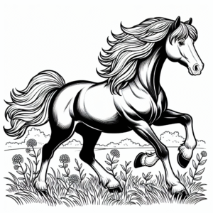 Coloring page of a horse, gentle mare galloping through a field