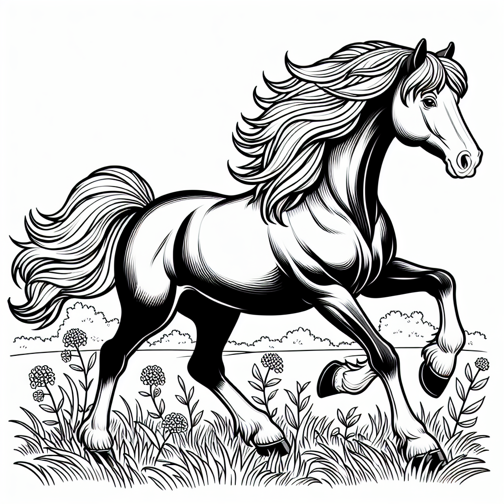 Coloring page of a horse, gentle mare galloping through a field
