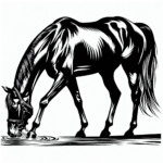 Coloring page of a horse, racing champion drinking from a stream