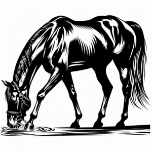 Coloring page of a horse, racing champion drinking from a stream