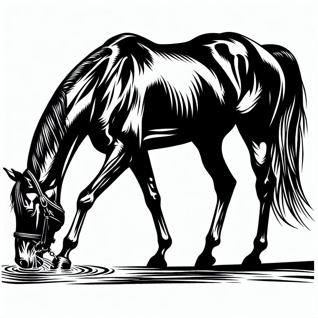 Coloring page of a horse, racing champion drinking from a stream