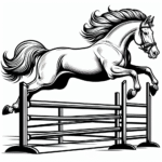 Coloring page of a horse, racing champion jumping over a fence