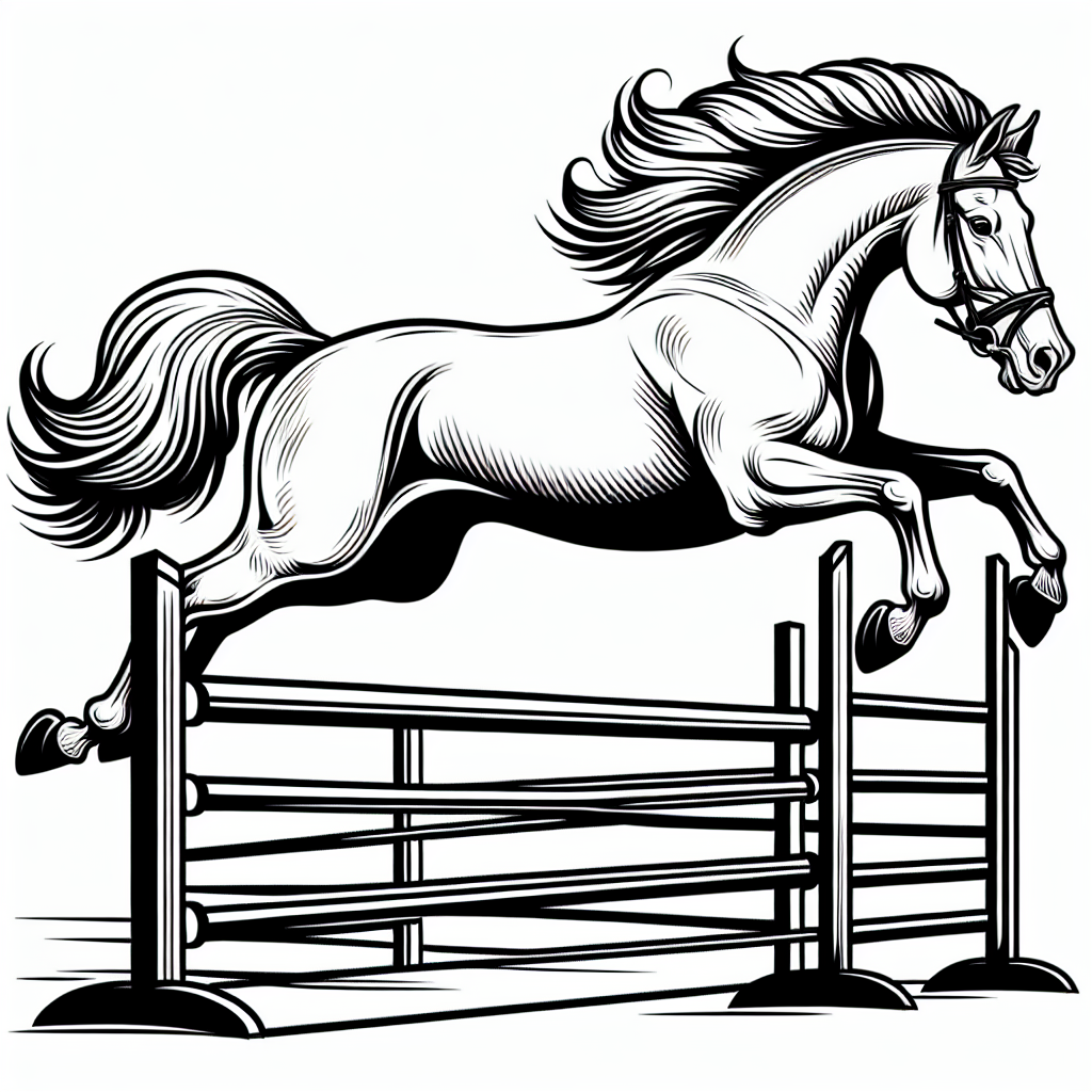 Coloring page of a horse, racing champion jumping over a fence