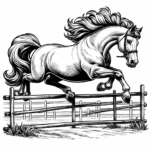 Coloring page of a horse, racing champion jumping over a fence