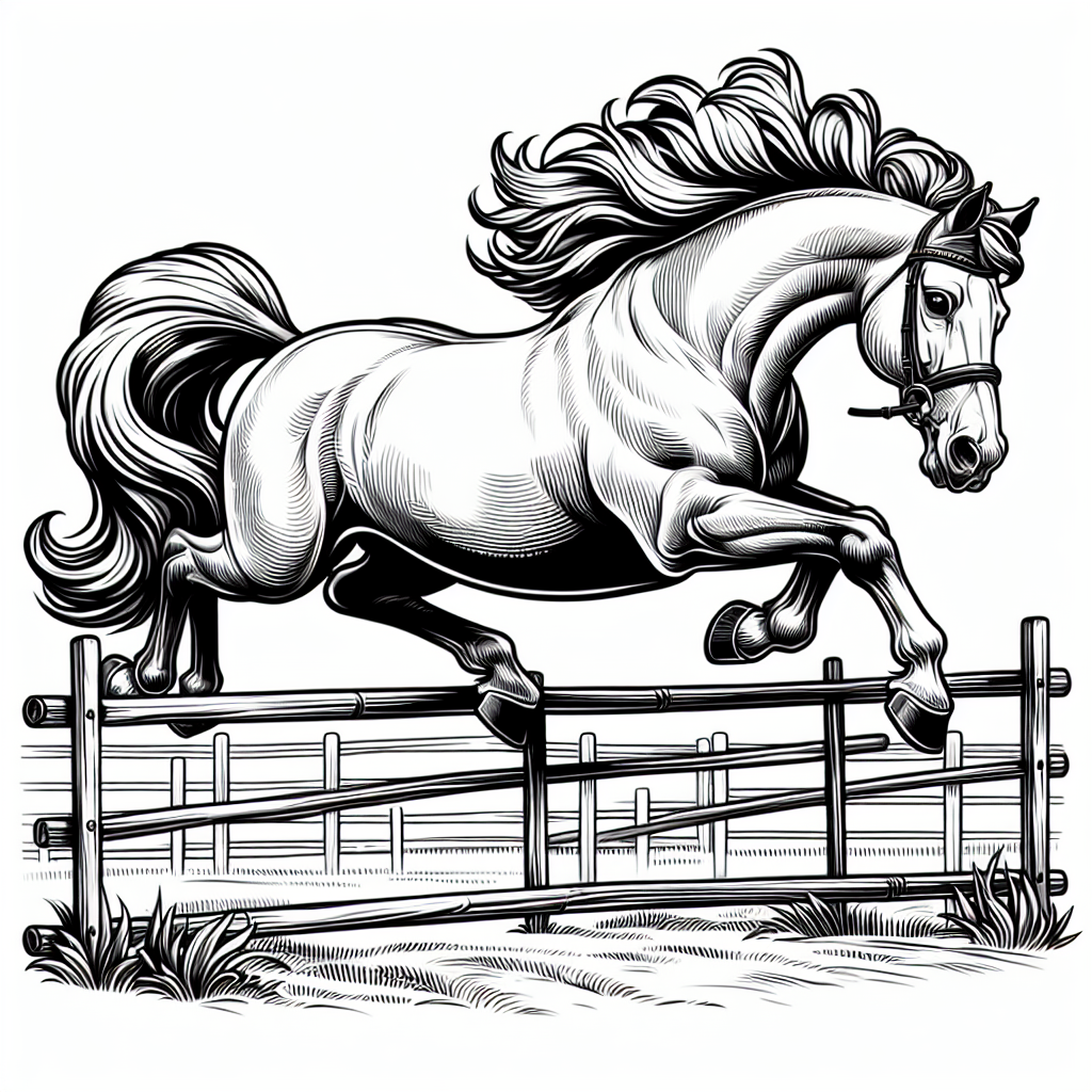 Coloring page of a horse, racing champion jumping over a fence