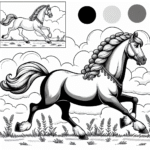 Coloring page of a horse, royal steed galloping through a field