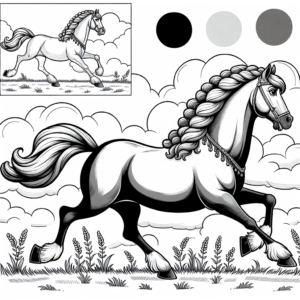 Coloring page of a horse, royal steed galloping through a field