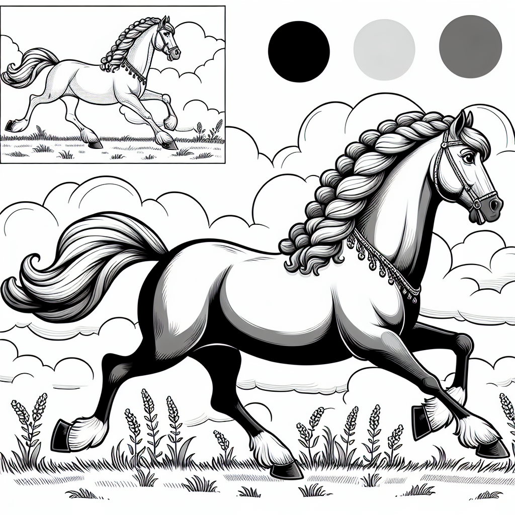 Coloring page of a horse, royal steed galloping through a field