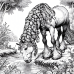 Coloring page of a horse, wild stallion drinking from a stream