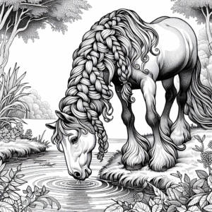 Coloring page of a horse, wild stallion drinking from a stream