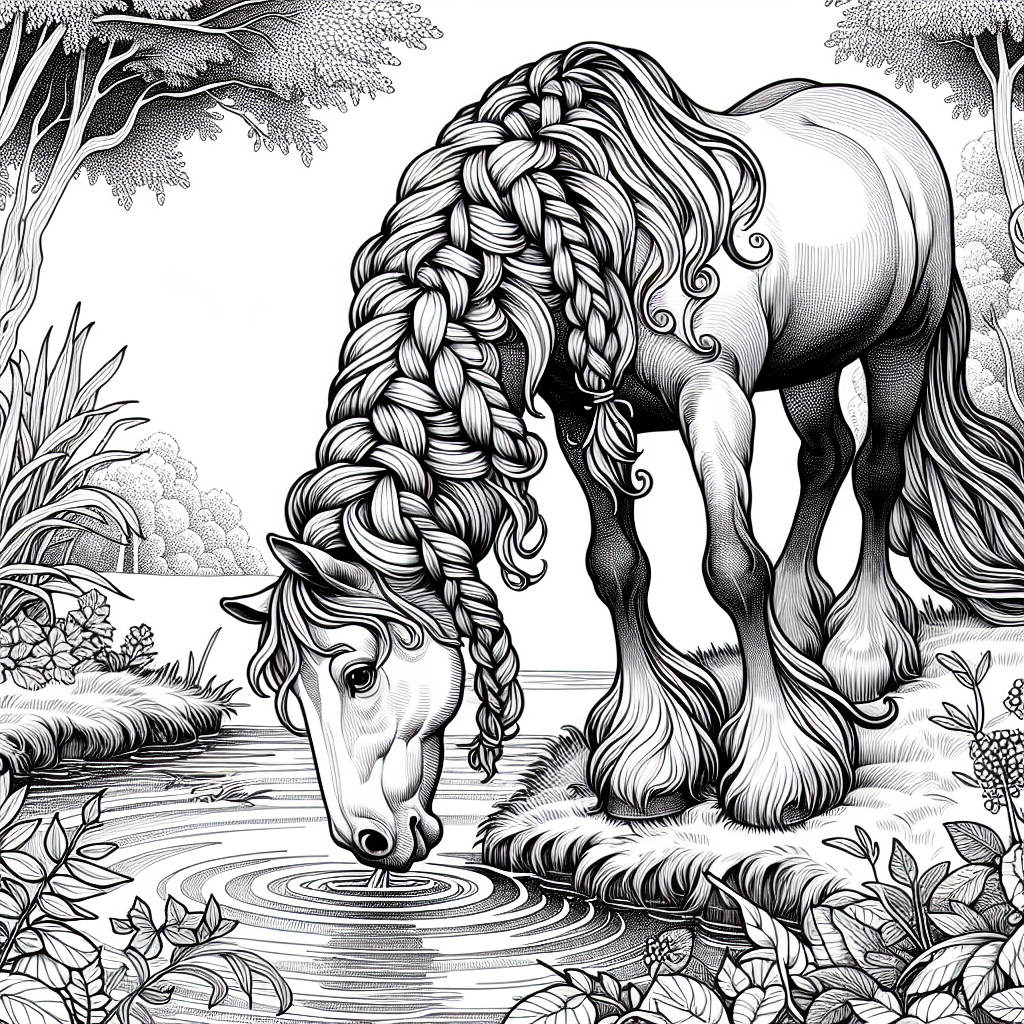 Coloring page of a horse, wild stallion drinking from a stream
