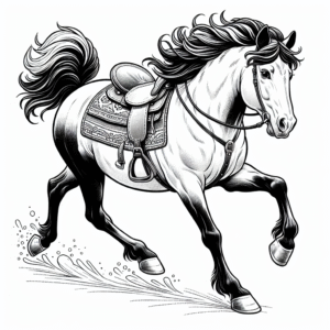 Coloring page of a horse, wild stallion running at sunset