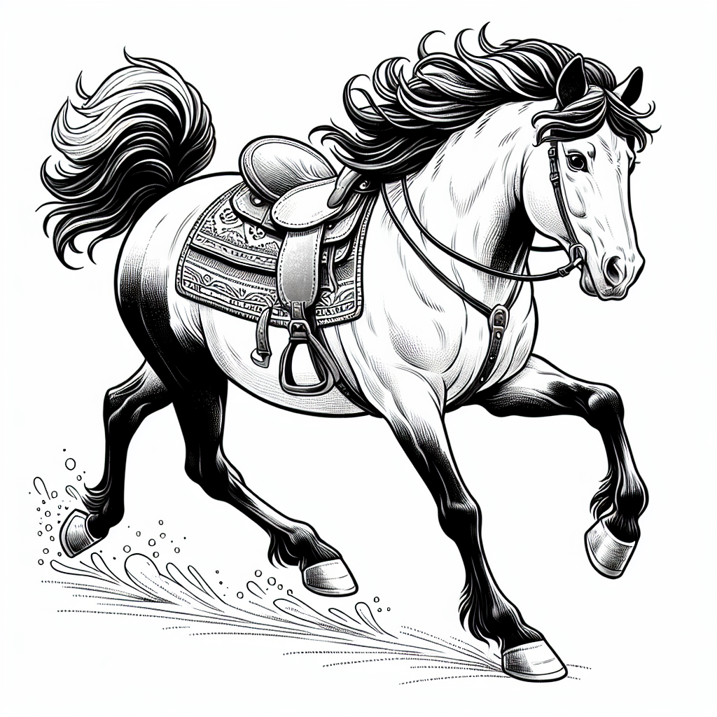 Coloring page of a horse, wild stallion running at sunset