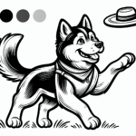 Coloring page of a Husky dog, loyal companion catching a frisbee