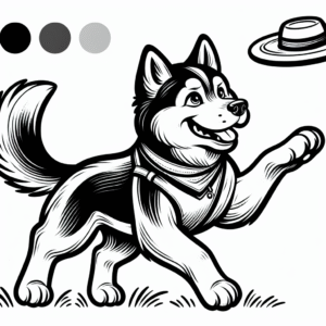 Coloring page of a Husky dog, loyal companion catching a frisbee