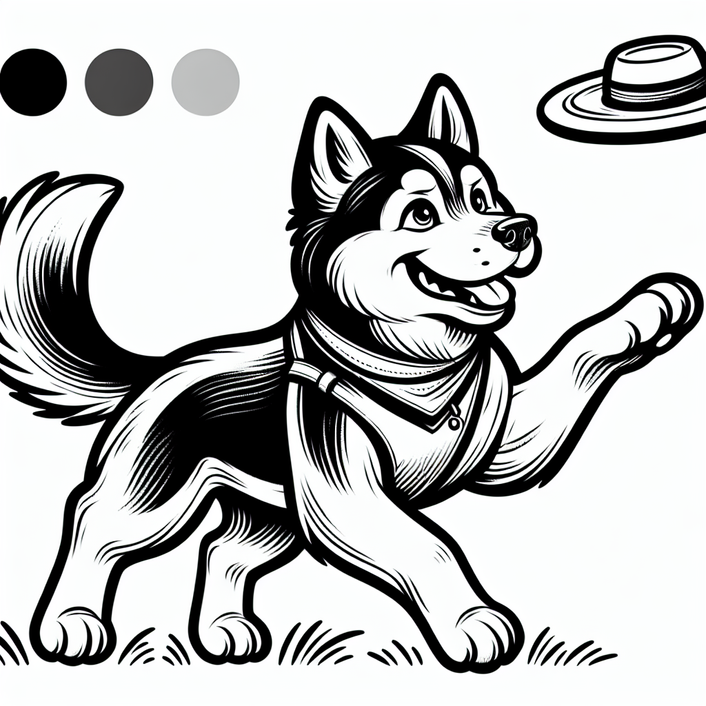 Coloring page of a Husky dog, loyal companion catching a frisbee