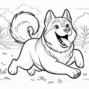 Coloring page of a Husky dog, loyal companion running in a park