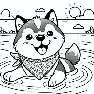 Coloring page of a Husky dog, playful friend swimming in a lake