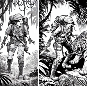 Coloring page of a intrepid female traveler, jungle explorer facing a wild beast