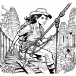 Coloring page of a intrepid female traveler, ruins investigator crossing a rope bridge