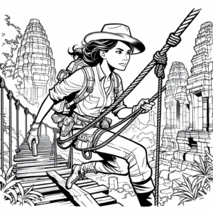 Coloring page of a intrepid female traveler, ruins investigator crossing a rope bridge