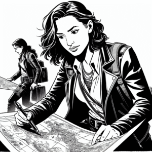 Coloring page of a intrepid female traveler, ruins investigator drawing a map