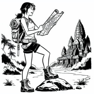 Coloring page of a intrepid female traveler, timeworn map reader discovering a hidden temple