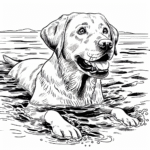 Coloring page of a Labrador Retriever dog, curious explorer swimming in a lake