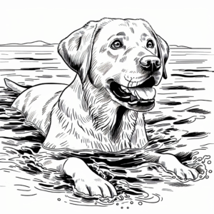 Coloring page of a Labrador Retriever dog, curious explorer swimming in a lake