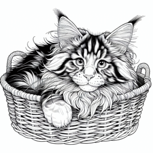 Coloring page of a Maine Coon cat, curious cat curled up in a basket