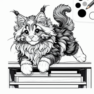 Coloring page of a Maine Coon cat, curious cat jumping onto a shelf