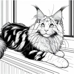 Coloring page of a Maine Coon cat, curious cat stretching on a windowsill