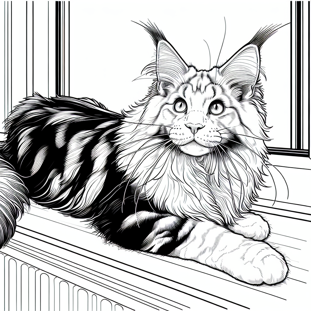 Coloring page of a Maine Coon cat, curious cat stretching on a windowsill