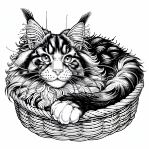 Coloring page of a Maine Coon cat, graceful feline curled up in a basket