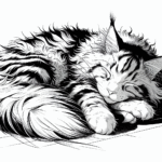 Coloring page of a Maine Coon cat, lazy napper sleeping in a sunbeam