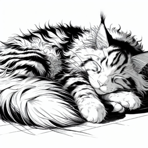 Coloring page of a Maine Coon cat, lazy napper sleeping in a sunbeam
