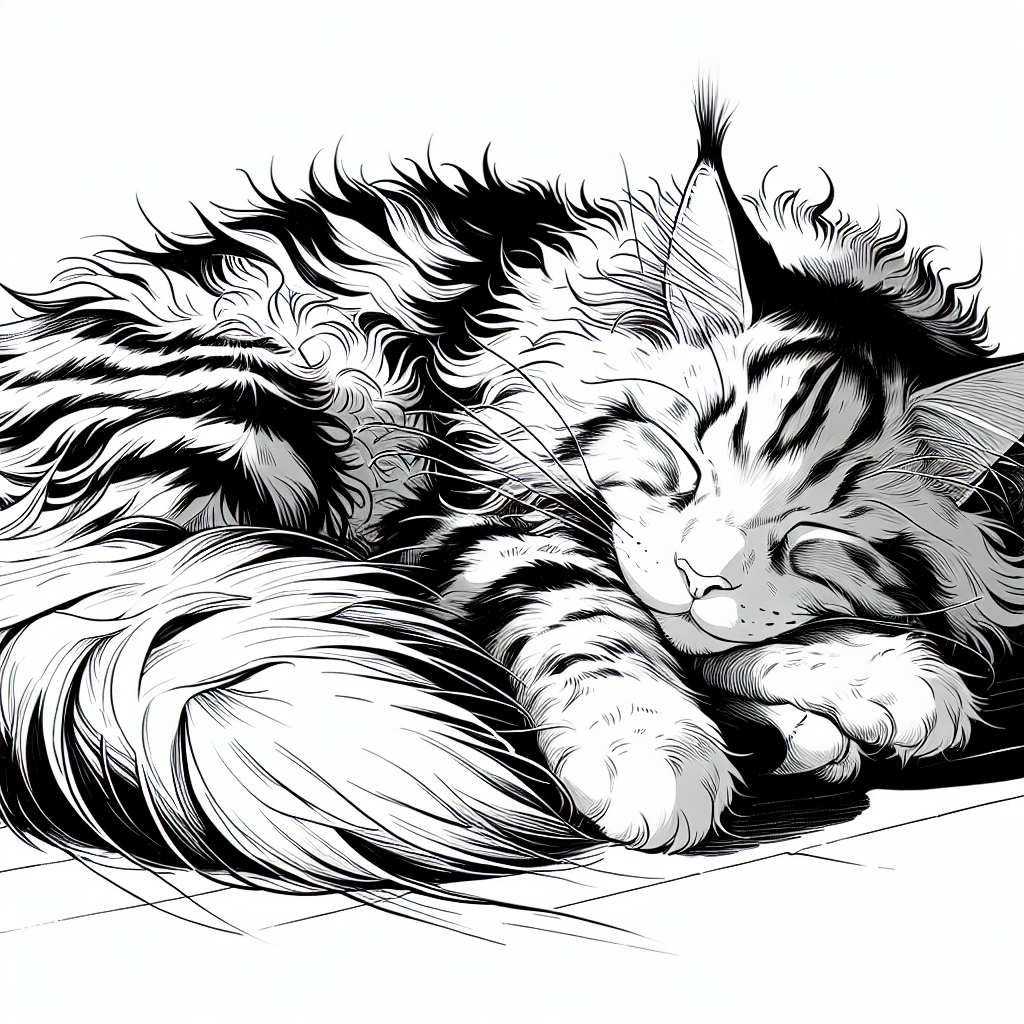 Coloring page of a Maine Coon cat, lazy napper sleeping in a sunbeam