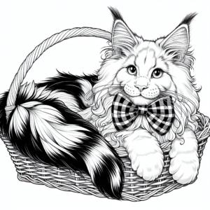 Coloring page of a Maine Coon cat, playful hunter curled up in a basket