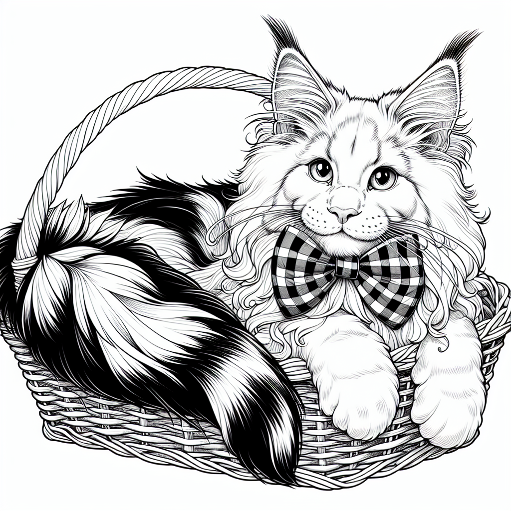 Coloring page of a Maine Coon cat, playful hunter curled up in a basket