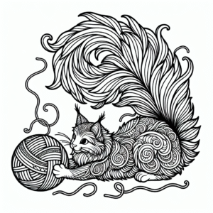 Coloring page of a Maine Coon cat, playful hunter playing with yarn