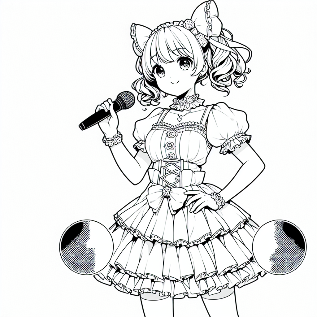 Coloring page of a manga character, choreographer holding a microphone