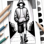 Coloring page of a manga character, dancer walking down the stage runway