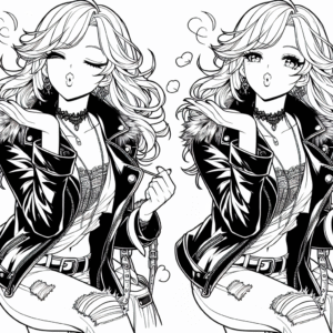 Coloring page of a manga character, entertainer blowing a kiss