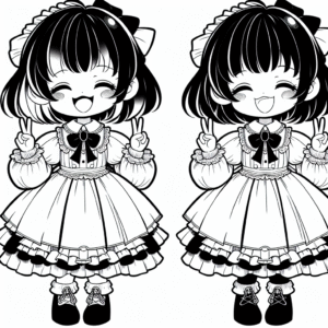 Coloring page of a manga character, fan smiling and making a peace sign